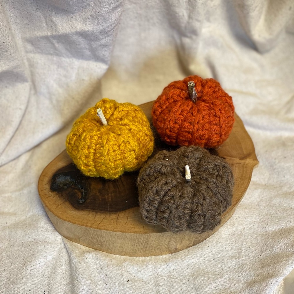 Fall vibrant color handmade crocheted pumpkin set of gold, brown and orange - Picture 1 of 2